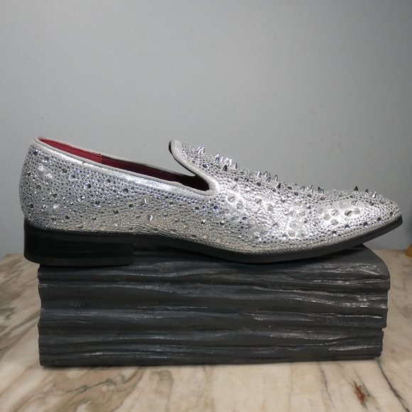 NICE! Stylish Formal Enzo Romeo Men Rhinestones Spikey Studs Loafers Silver 9 main image 8